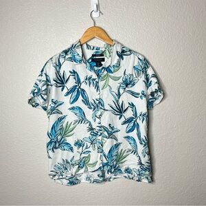 Tahari 100% Linen Tropical Floral Button Down Shirt Blue White Women’s Medium M